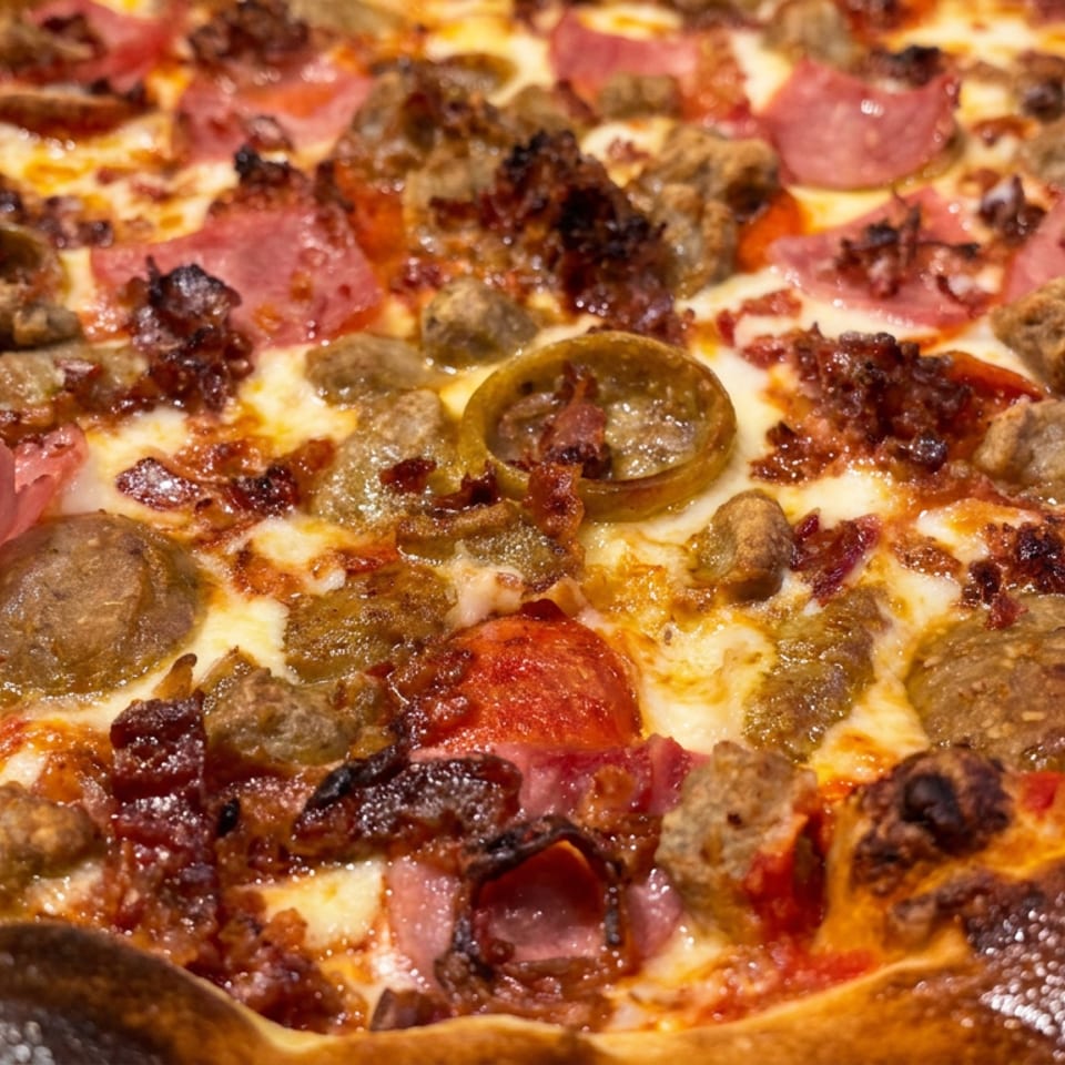 Close-up of a cheesy meat-lover’s pizza topped with pepperoni, sausage, bacon, ham, and banana peppers.